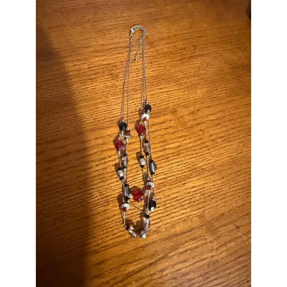 Multi Strand Beaded Layered Necklace Red Black Silver Tone Statement Jewelry